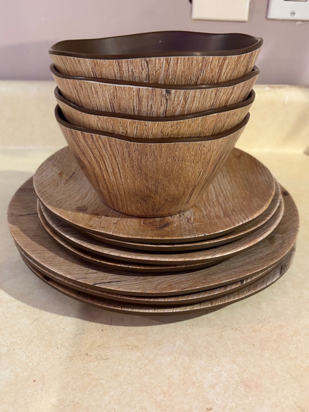 Amazon Wood-Grain Dinnerware Set in Brown